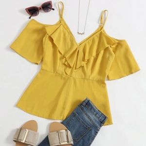 Yellow Ruffled Cold Shoulder Top